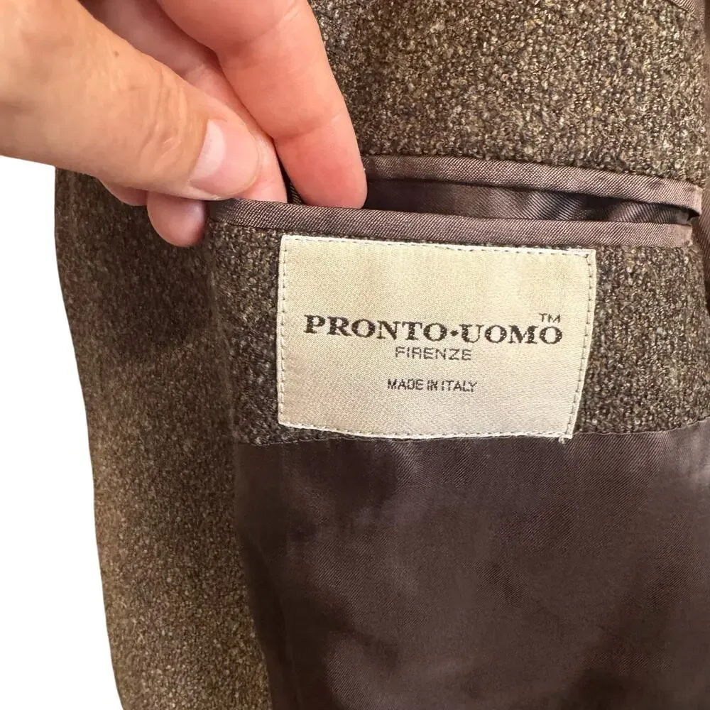 Vintage Pronto Uomo Brown Nubby Wool Sport Coat Men's 3 Button Blazer Jacket 44L